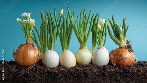 Fototapeta Sprouting onions and eggs in soil.  Fresh green shoots emerge from bulbs and eggs, against a backdrop of teal blue.  A row of onions, eggs, and plant sprouts are arranged in the foreground.  