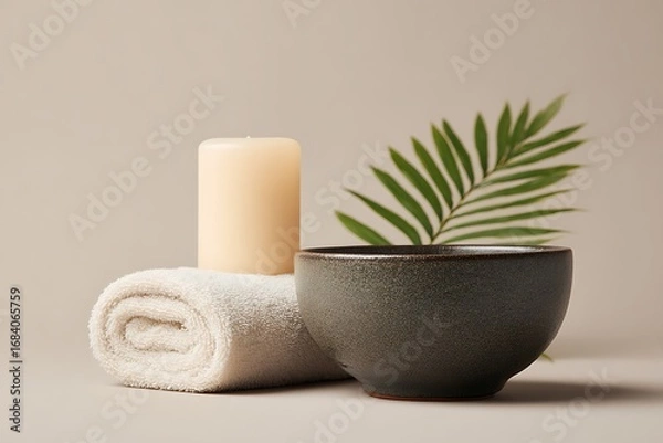 Fototapeta spa layout with soft cotton towel and candle