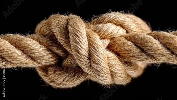 Obraz Close-up of a tightly bound knot in light brown rope against a black background