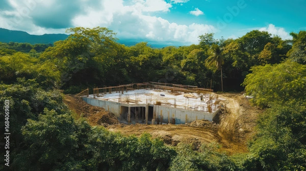 Fototapeta High altitude view of foundation being constructed in lush green area surrounded by trees and mountains. site shows clear blue sky, creating serene atmosphere