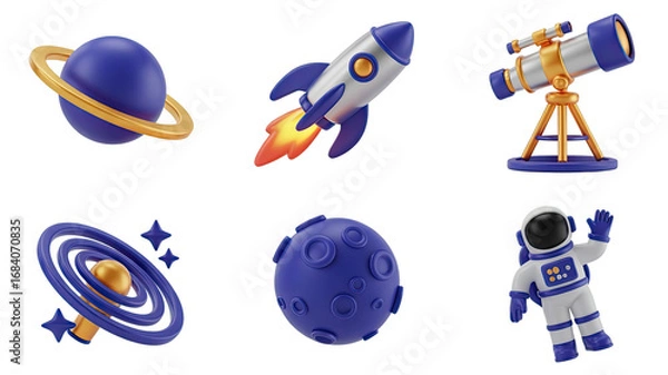 Obraz Explore the cosmos with this vibrant collection of 3D space elements, perfect for educational and imaginative projects.