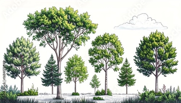Obraz Illustration of various trees and a cloud