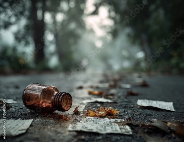 Fototapeta A discarded brown glass bottle lies on a paved road, strewn with fallen leaves and scraps of paper.  Foggy forest scene in the background