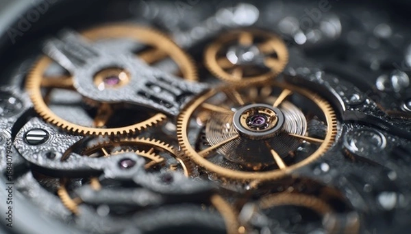 Fototapeta Close-up of intricate watch movement.  Gears, springs, and components in dark gray and gold, detailed and complex