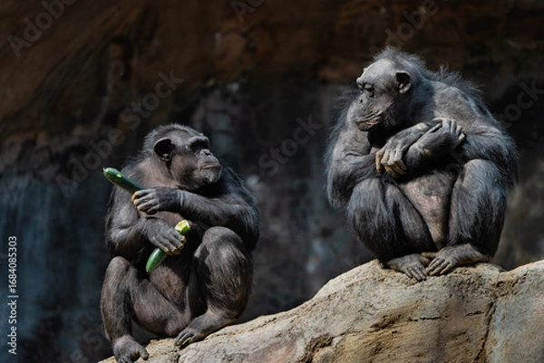 Obraz Two Chimpanzees Sitting on Rock with Natural Background