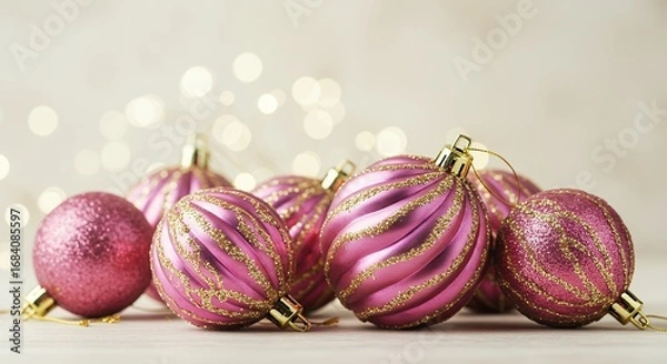 Obraz Pink christmas ornaments clustered on surface with bokeh