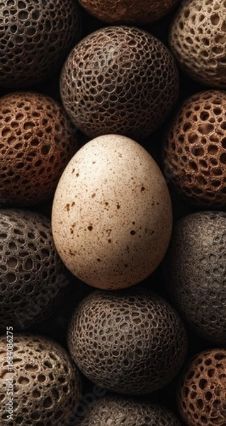 Fototapeta A light beige egg amidst a cluster of textured, brown eggs
