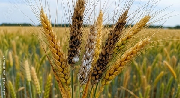 Fototapeta Detailed view of wheat heads displaying discoloration and damage caused by common plant diseases in a rural farmland setting