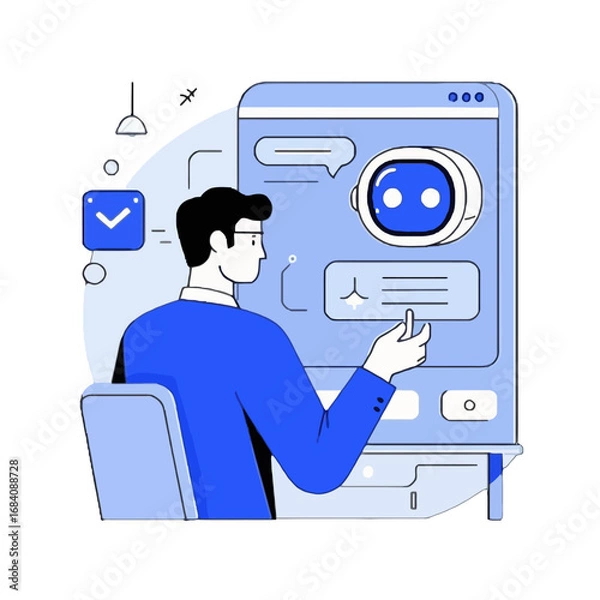 Fototapeta Vector art of man interacting with chatbot interface on computer screen, representing artificial intelligence and customer service technology