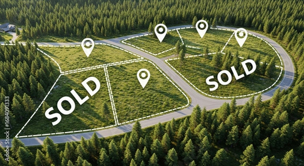 Fototapeta Aerial view of land lots marked with location pins and sold labels in green forest area. Concept of real estate, property development and land sales
