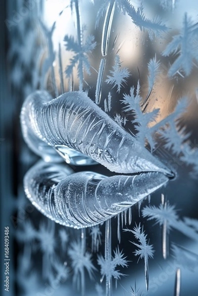Fototapeta Frosted lip impression on glass with intricate ice patterns  