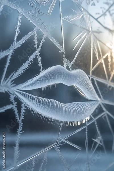 Fototapeta Frosted lips impression on glass with ice crystals in winter light  