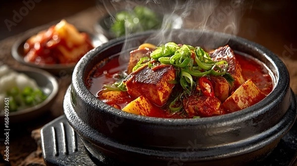 Fototapeta Steaming bowl of spicy korean tofu stew filled with vegetables and meat served in black stoneware bowl.