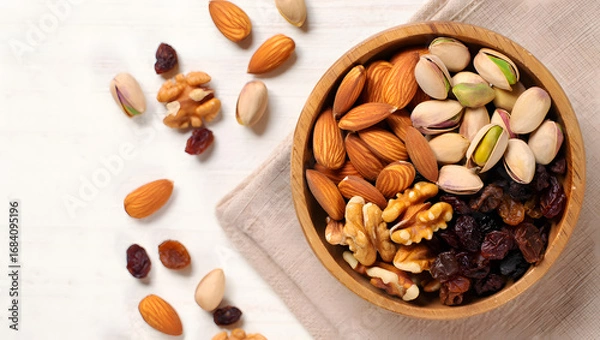 Obraz Overhead shot of a wooden bowl filled with mixed nuts and raisins on a white table
