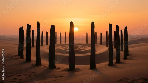 Fototapeta Spiral Formation of Tall Slender Standing Stones in Desert Silhouetted Against Gradient Sunset