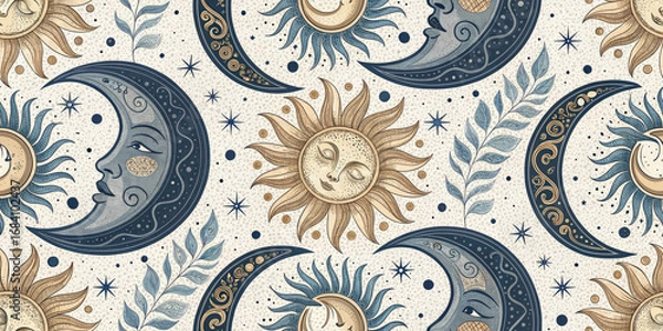 Fototapeta Whimsical celestial pattern with sun and moon faces, stars and leaves in a vintage style