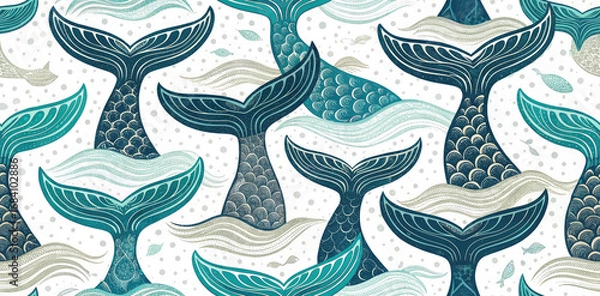 Obraz Enchanting mermaid tails gracefully swim through artistic waves in a whimsical underwater fantasy pattern