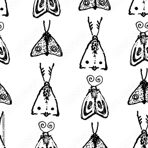 Fototapeta A charming seamless pattern featuring various hand-drawn moths in a black and white ink style, perfect for textile design, digital backgrounds, or rustic decor.