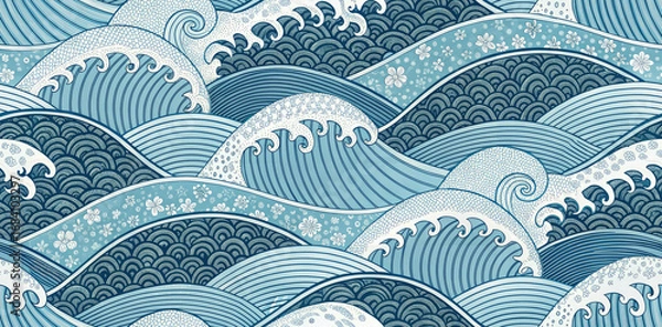 Fototapeta Stunning Japanese wave pattern with delicate floral accents, perfect for serene design projects