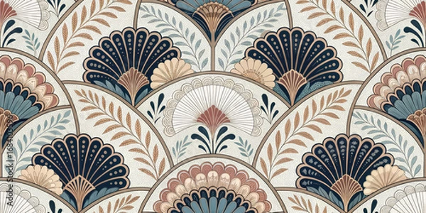 Fototapeta Elegant Art Deco fan pattern with botanical elements in muted teal, cream, and gold hues