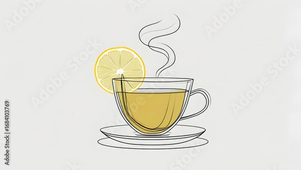 Fototapeta Minimalist top view of a steaming cup of herbal tea with a fresh lemon slice on a pure white background, clean modern composition, high-resolution stock image for branding, ads, menus