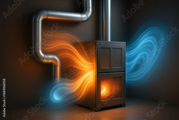 Obraz A modern heating system with metal ducts showcasing warm and cool air flow, emphasizing efficient climate control in a sleek environment.