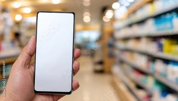 Fototapeta Hand holding a smartphone featuring a blank white screen inside a pharmacy, creating a mockup image perfect for marketing and advertising purposes