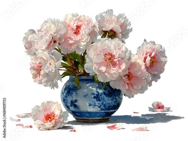 Fototapeta A charming blue vase displays a collection of light pink peonies with delicate petals on a white backdrop.