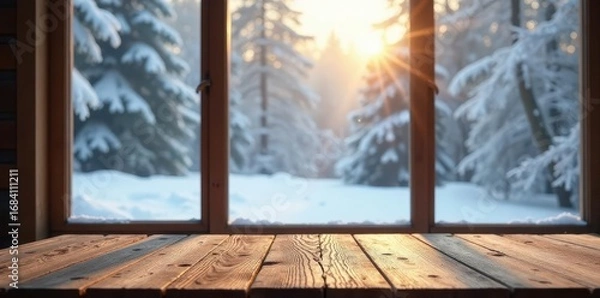 Fototapeta Empty wooden table against winter window scene , house, white