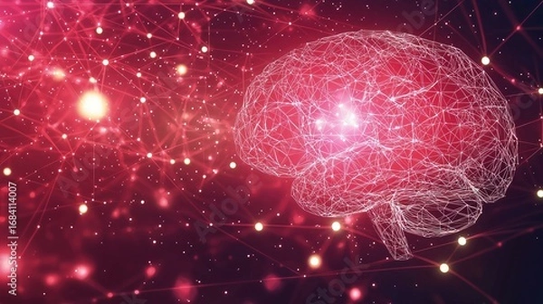 Obraz A digital representation of a human brain overlaid on a network of connections.