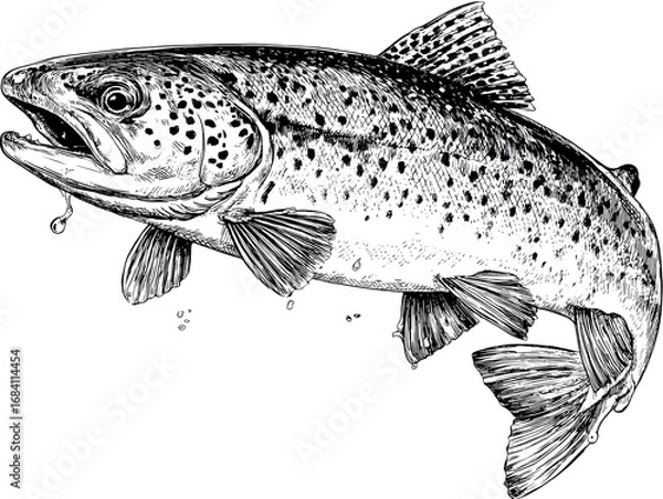 Fototapeta A beautifully detailed black and white sketch of a trout leaping upwards with water droplet falling down.