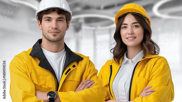 Fototapeta Young professionals in safety gear, smiling confidently in modern workspace. Their bright yellow jackets and helmets symbolize teamwork and safety