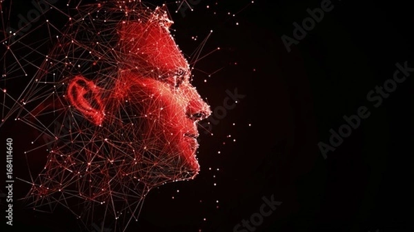 Obraz Profile view of a digital human face, rendered in red lines and dots.