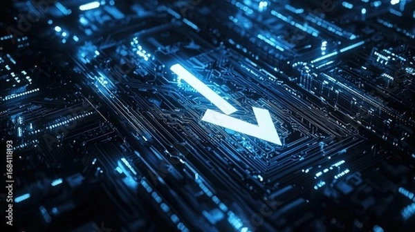 Obraz A glowing white arrow points downward on a complex circuit board.