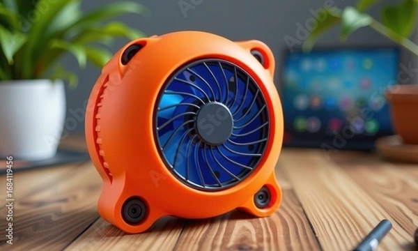 Fototapeta Stay cool on the go with this compact, rechargeable electric fan. Powerful airflow, multiple speed settings, and a long-lasting battery make it perfect for tra, motor, camping fan, personal fan
