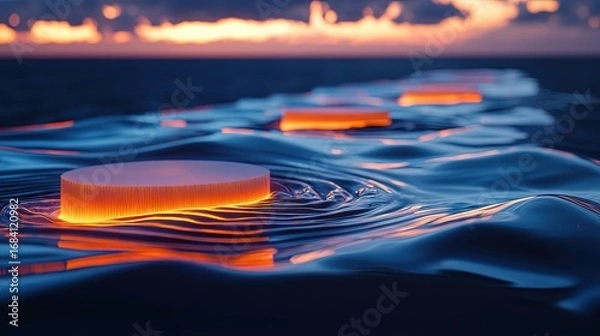 Obraz Illuminated oval platforms on rippled water surface at sunset.