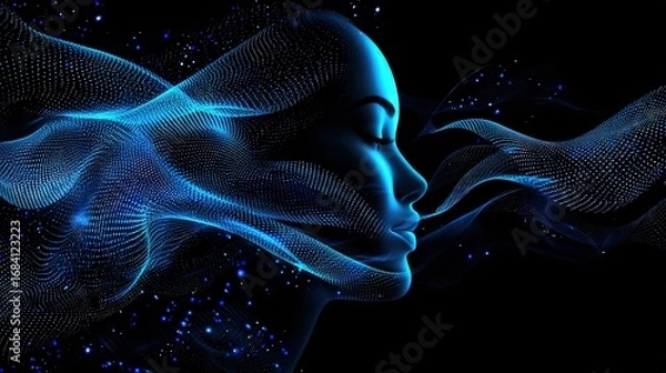 Obraz Digital illustration of a profile portrait with ethereal blue particle design.