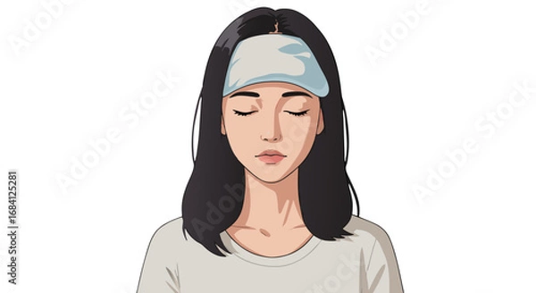 Obraz Woman with cold compress. Young woman relaxing with closed eyes and sleep mask on her head  