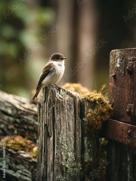 Fototapeta Small bird on a weathered fence post