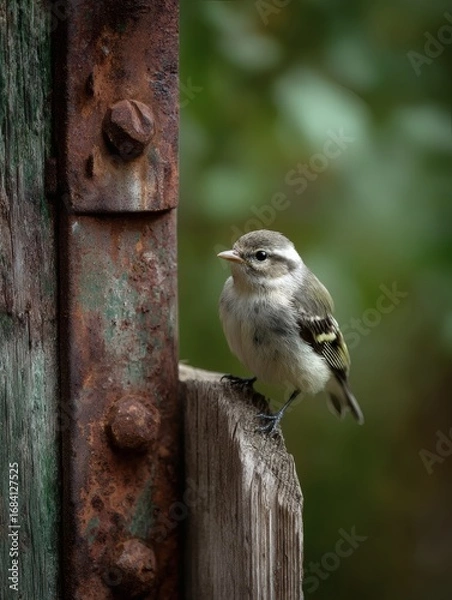 Fototapeta Small bird on a weathered fence post