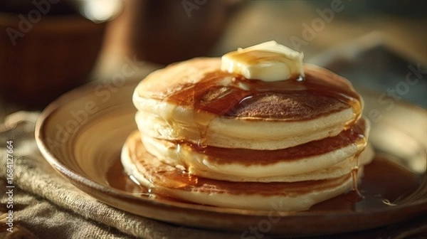Fototapeta Stack of pancakes with butter and syrup