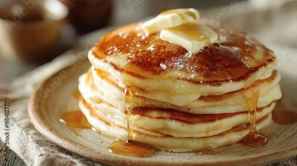 Fototapeta Stack of pancakes with butter and syrup