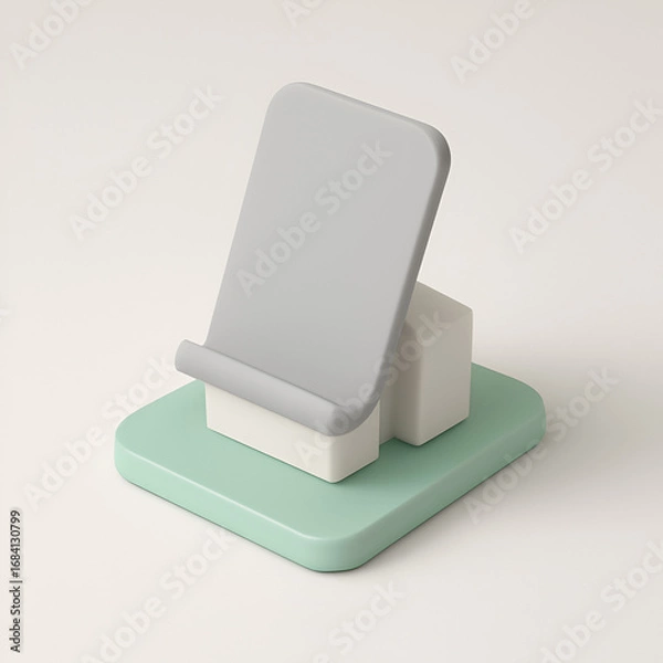 Obraz A 3D design of a sleek minimalist modular phone stand, perfect as a desk accessory for modern workspaces. The stand is made of three modular components: a pastel mint green base, an off-white support 
