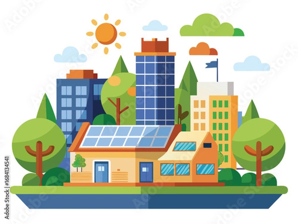 Fototapeta Sustainable urban eco house scene with solar panels green trees and modern buildings