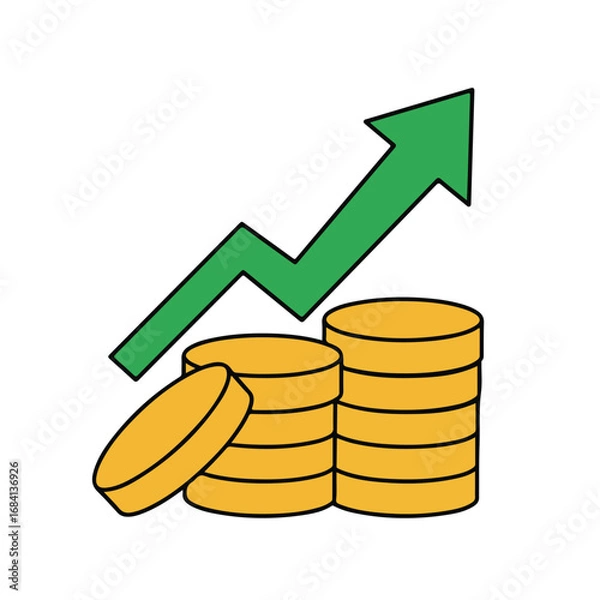 Fototapeta A green arrow ascends above stacks of yellow coins One coin is angled away