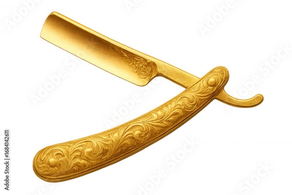 Fototapeta Vintage gold straight razor featuring intricate floral engravings, symbolizing classic barbering craftsmanship against transparent backdrop