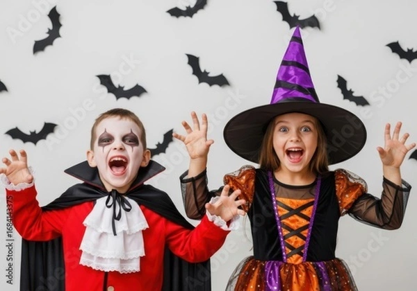 Fototapeta Two children dressed as a vampire and witch for halloween, posing excitedly against a wall decorated with bats