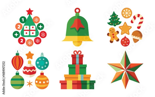 Fototapeta Vector art of collection of festive christmas ornaments and symbols, including a decorated tree, gifts, gingerbread man, candy cane, and star