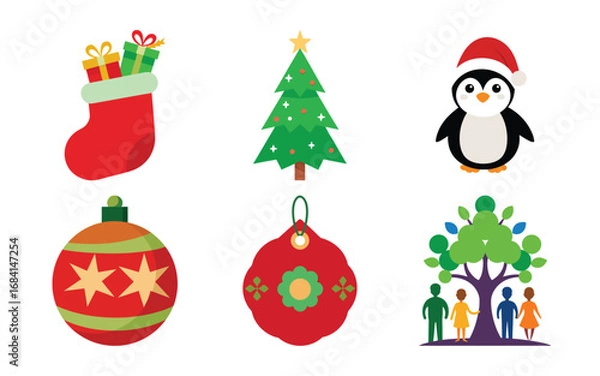 Fototapeta Vector art of collection of christmas icons including a stocking with gifts, a decorated tree, a penguin in a santa hat, baubles, and a family under a tree