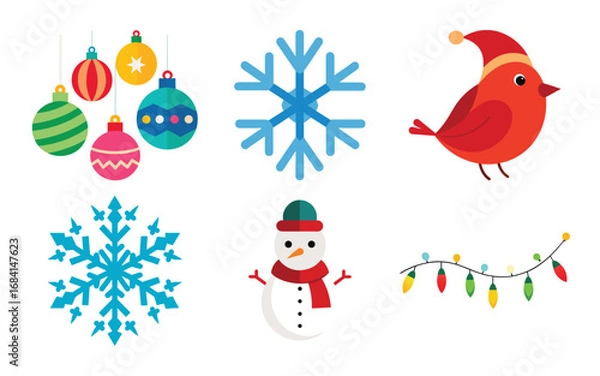 Fototapeta Vector art of collection of christmas icons including baubles, snowflakes, a robin, a snowman, and string lights